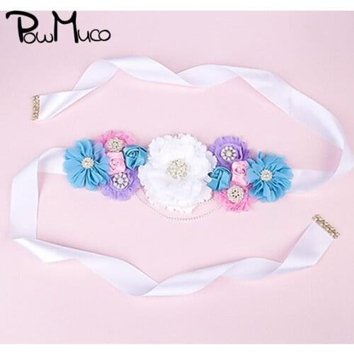 Powmuco Cute Handmade Flowers Sash and Brooch Set Shining Pearl Rhinestone Chiffon Floral Maternity Belts DIY Wedding Decoration