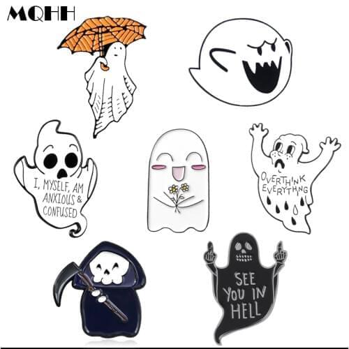 Cartoon Fun Halloween White Black Ghost Skeleton Flower Enamel Brooch Alloy Badge Cowboy Clothes Bag Pin Punk Jewelry Gift