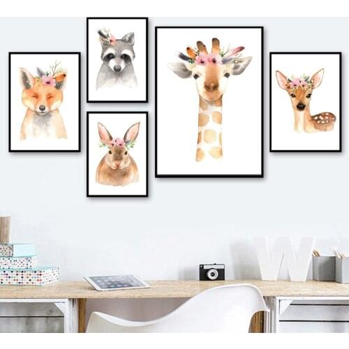 Watercolor Fox Rabbit Giraffe Bunny Raccoon Wall Art Canvas Painting Nordic Posters And Prints Wall Pictures Kids Room Decor