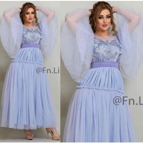 Blue prom dresses 2021 crew neckline lace tulle ankle length evening dresses