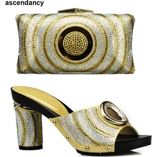 Rhinestone Gold Shoe and Bag Set Italian Shoes and Bags To Match Shoes with Bag Set Decorated with Rhinestone Party Shoe Bag Set