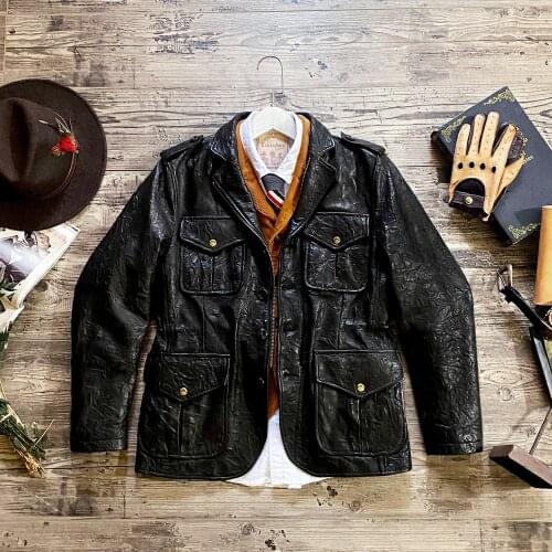 Texture burst!Rare hand grasp long in grain sheepskin leather leather retro tweed jacket