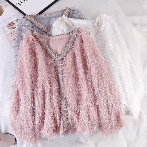 Fairy V-neck Hairy Gold Tassels Sweat Lazy Windy Fringed Pullovers Sweet Long Sleeved Thin Knitted Shirts 2020 Tops