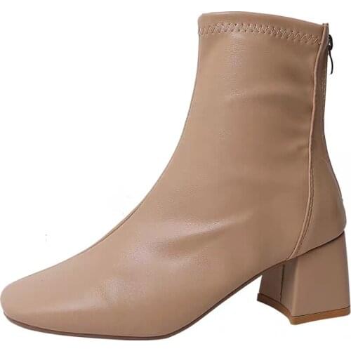 Womens Martin Boots Spring Autumn Net Red Luxury Design Square Toe Thick Heel Boots Rear Side Zipper Boots Women Shoes