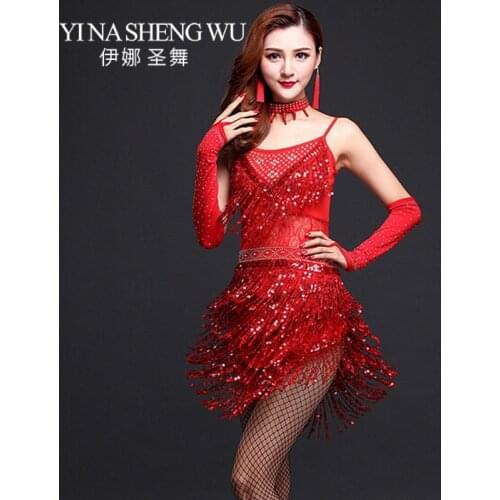 New Fashion Women Dance Competition Ballroom Samba Costume 3pcs Set with Necklace Sleeves Sequins Latin Dress for Girls