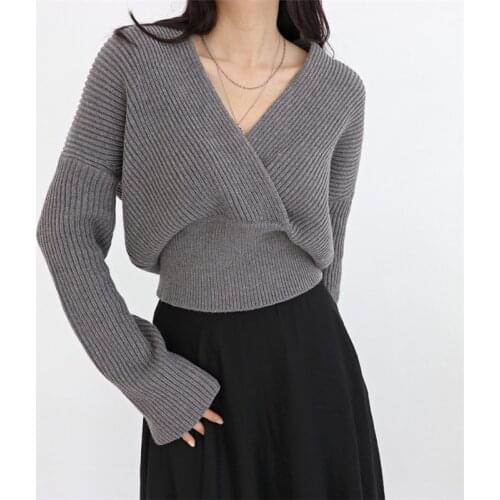 2020 Winter Women Knitted Sweater Female Pullover Tops Solid Cross V-neck Loose Elegant Vintage Office Lady Casual All Match