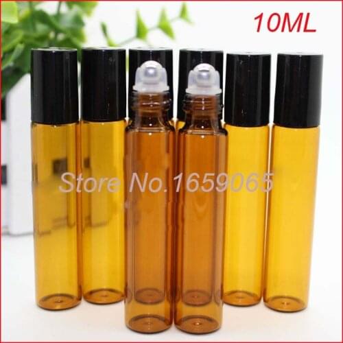10ml amber roll on SS/glass roller perfume atomizer sample bottles essential oils refillable deodorant containers w black lid