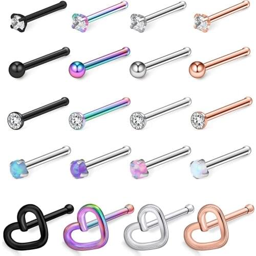 20G Surgical Steel Heart Flat Ball Opal Clear CZ Nose Stud Rings Bone L-Shaped Screw Piercing Jewelry 4-20PCS