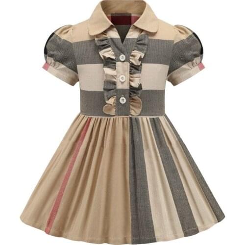 2021 Summer Checkered Dresses Baby Girls Short Sleeve Turn Down Collar Dress Designer Kids Wholesale Clothes American Clothing