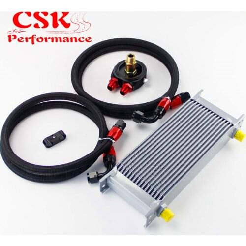AN8 16 Row 248mm Universal Engine Transmission Oil Cooler British Type + Aluminum Filter Hose End Kit Silver