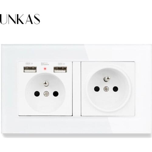 UNKAS French Standard 2 Gang Socket with 2 USB Charge Port 2 Wall Socket USB Tempered Glass Panel Black White Gold