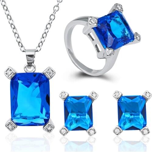 Classic Crystal Jewelry Sets Square Shape Neckalce Earrings Ring Set Statement Jewelries for Women