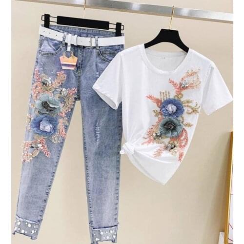 Suit 2021 summer new heavy industry beaded embroidery short sleeve + small foot hole jeans womens two piece set