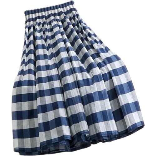 2021 Japanese Style Summer School Long Skirt Casual Boho Beach Women High Waist Elastic Black Blue Y2K Vintage Midi Plaid Skirts