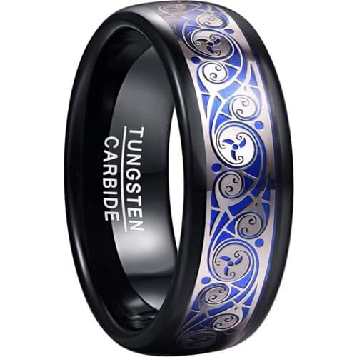 Mens 8mm Tungsten Carbide Ring with Blue Background Triple Spiral Pattern Inlaid Tungsten Ring Comfort Fit Size 7-12