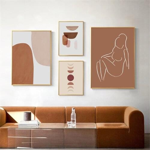 Terracotta Abstract Moon Poster Woman Body Line Wall Art Canvas Print Geometry Painting Nordic Wall Pictures Living Room Decor