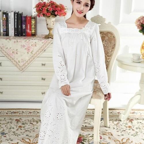Nightgown 100% cotton ladies long sleeve long embroidery noble princess nightdress dress home service ночная рубашка new arrival