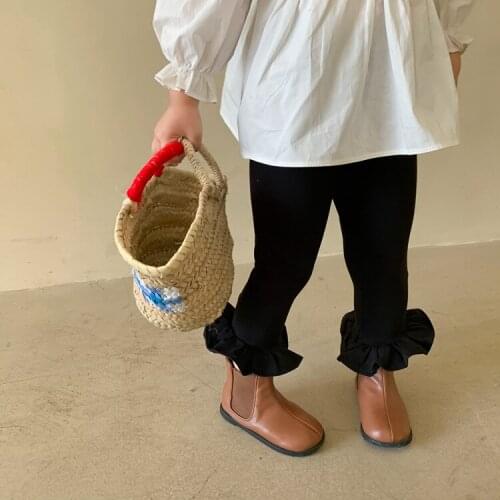 New 2021 Autumn Baby Girls Elastic Leggings Korean Style Pure Color Ruffles Toddlers Kids Skinny Pants