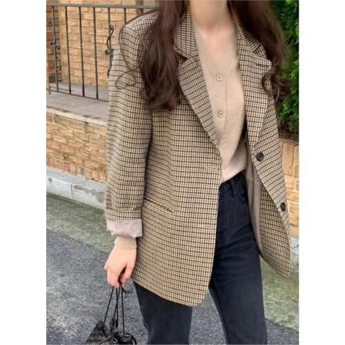 HStar 2020 Autumn new double-breasted blazer office lady elegant jackets female plaid outwear