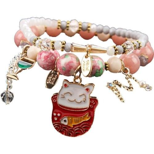 Korean style new crystal bracelet womens multi-element fashion lucky cat pendant Friendship bracelet student jewelry for women