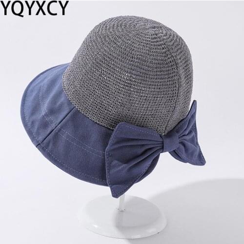 YQYXCY Bucket Hat Women Spring Summer Knitted Sun Hats With Bow Outdoor Casual Sunshade Korean 2021 New
