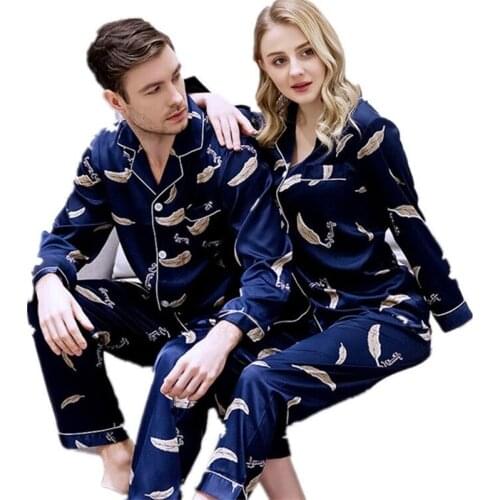 Lovers Pajamas Couples Silk Sleepwear Cartoon Print Pyjama Nightgown Pajama Sets Long Sleeve Men & Women Casual Home Clothing