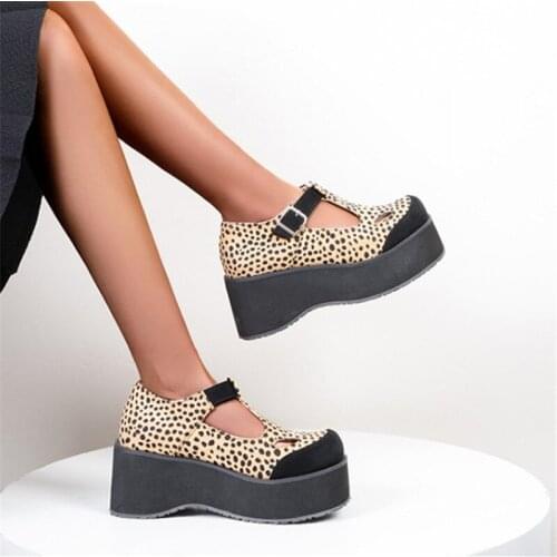 PXELENA Plus Size 34-48 Leopard Punk Rock Gothic Creepers Women Wedge High Heels Platform T Strap Shoes Hollow Out Thick Sole JK