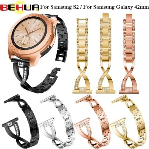 Watch Band for Samsung Gear Sport S2 Watch Strap for Samsung Galaxy 42mm Metal Wristband Bling Rhinestone Replacement Strap Belt