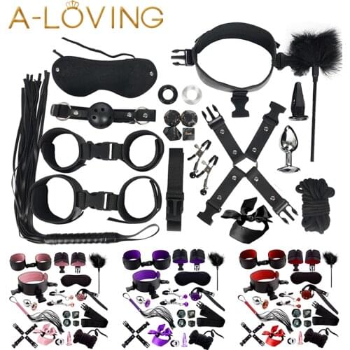 Sexy Leather BDSM Kits Plush Sex Bondage Set Handcuffs Sex Games Whip Gag Nipple Clamps Sex Toys For Couples Exotic Accessories