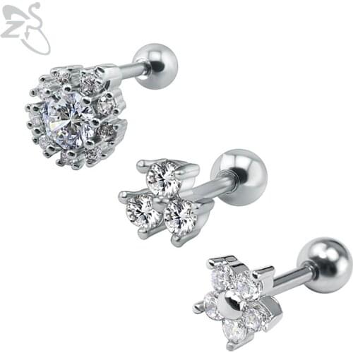 ZS Crystal Stud Earrings for Women Cartilage Helix Piercing Stainless Steel Barbell Ear Jewelry Brincos Bijoux Piercing Earrings