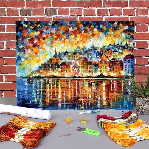 Italy Harbor Printed Fabric 11CT Cross Stitch Embroidery Patterns DMC Threads Needlework Sewing Painting Handmade Decor