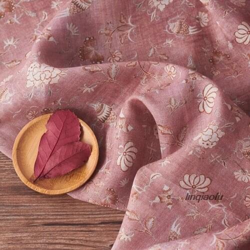 Ramie printed fabric thin flower and bird art retro clothing fabric High-end linen fabric