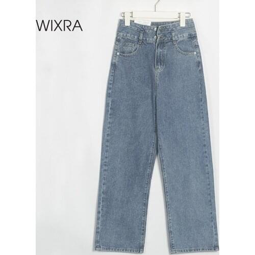 Wixra Womens New Hot Streetwear Straight Denim Long Pants Ladies High Waist Double Buttons Pockets Casual Jeans