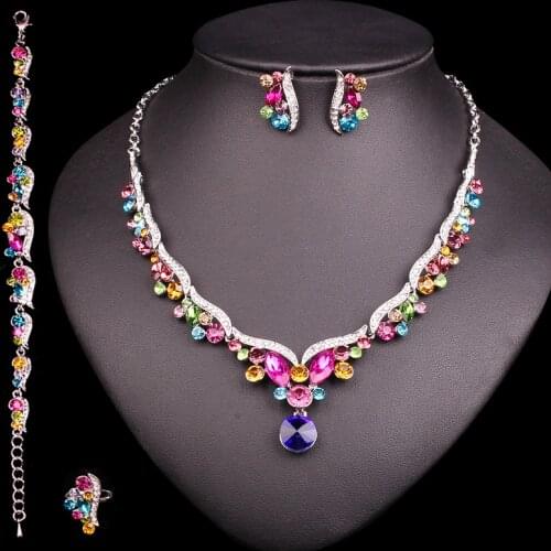 Fashion Crystal Bridal Jewelry Sets for Bride Silver Plated Necklace Earrings Wedding Party Costume Jewellery Accessories Women