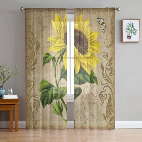 Farm Retro Sunflower Flower Butterfly Voile Tulle Sheer Curtains for Bedroom Living Room Kitchen Decor Chiffon Windows Curtain