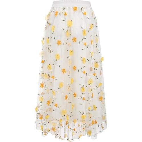 Yellow 3D Flower Lace Skrit Women High Waist Mesh Skrit elegant Midi tulle skirt Sweet Cute Student