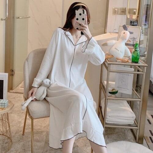 SLPBELY Women Nightdress Nightgown Spring Cotton Sweet Lapel Nightshirt Lovely Long Sleeve Loose Cartoon Nightskrit Pyjamas
