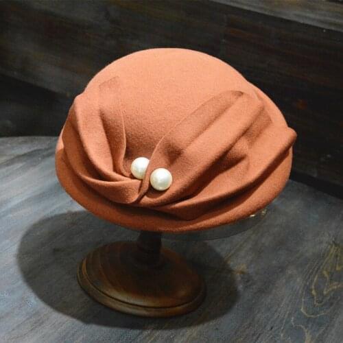 100% Wool Fascinator Hat For Women Pillbox Hats Ladies Vintage Pearl Bow CHurch Beret Hat Wedding Derby Fedora Chapeau Femme