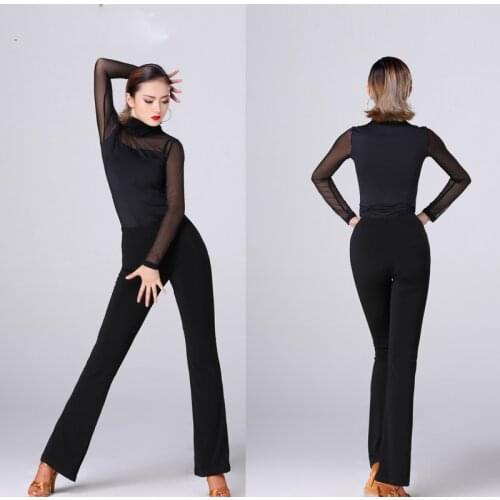 Latin Dance Costumes For Women Black Long Sleeve Tops Pants Cha Samba Tango Dancing Clothes Practice Performance Wear DNV11153