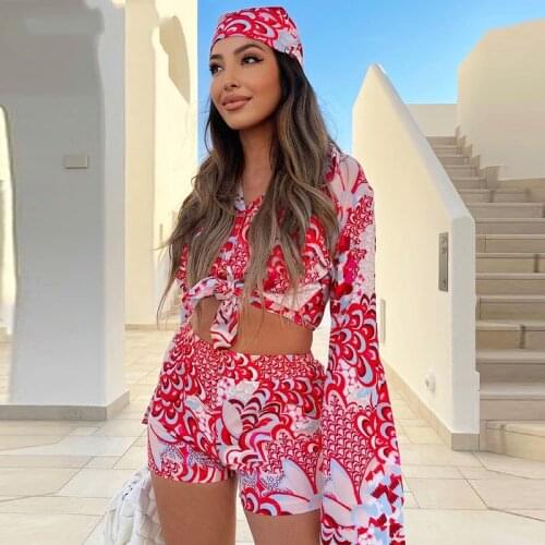 Bohemian Print 3 Piece Sets Women Long Sleeve Blouses Top Shirt Mini Short Y2K Aesthetic Vintage Summer Vacation Matching Suit