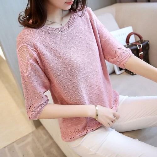 HSPL Summer Half Sleeve Mesh Pullover Tops Women 2018 Fashion Cool Silk Knitwear Elegant Pink Vintage Crochet Pull Femme Hiver