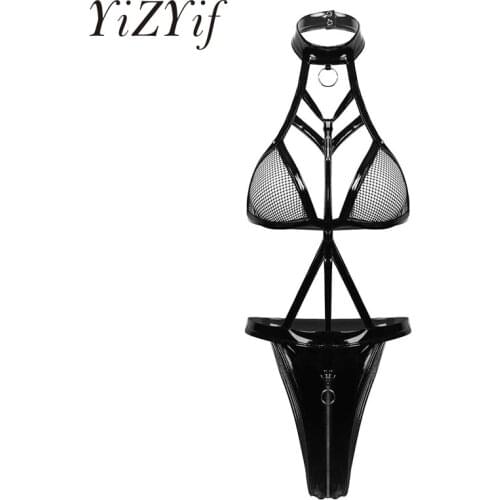 Womens Hot Wet Look Exotic Teddies Leather Lingerie Nipples Cups Zippered Crotch High Cut Bodysuit Catsuit for Clubwear Costumes