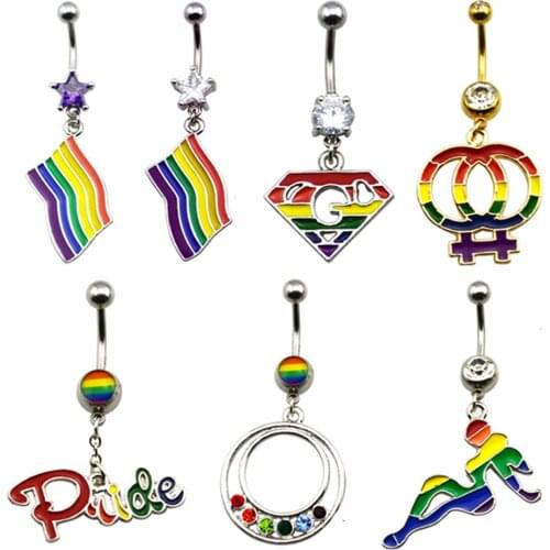 1 Pieces Surgical steel Rainbow Gay Crystal Belly Piercing Navel Piercing Heat Navel Belly Ring Curved Barbell Sexy Body Jewelry
