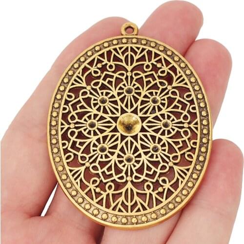 3 x Antique Gold Filigree Large Oval Charms Pendants Blank Rhinestone Settings for 5mm Stones Jewelry Making Findings 64x47mm
