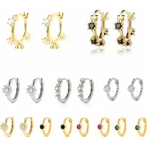 GS 925 Sterling Silver Black White Zircon CZ Flower Beads Hoop Earrings For Women Gift Luxury 8/9/10mm Circle Huggie Earrings