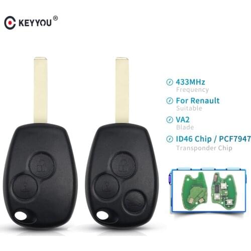 KEYYOU 2 Buttons Keyless Remote Control Key Fob 433MHz with PCF7947 Chip For Renault Clio Kangoo Master Modus Twingo