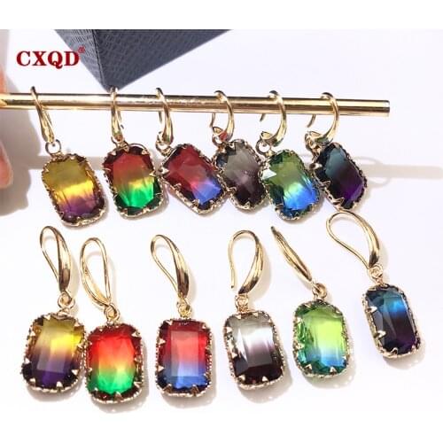 CXQD Fashion Colorful Shiny Transparent Rectangular Dangle Earrings For Women Vintage Crystal Earrings Statement Wedding Jewelry
