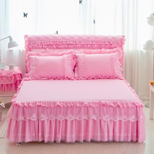 DeMissir Ruffles Princess Lace Bed Skirt Set 1/3/4/6/7 Pcs Girl Pillow Case Bedside Table Covers Bed Head Cover King Queen Full