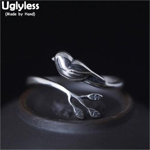 Uglyless 100% Real 925 Sterling Silver Leaves Open Rings for Women Handmade Bird Finger Rings Glossy Birds Bijoux Fine Jewelry