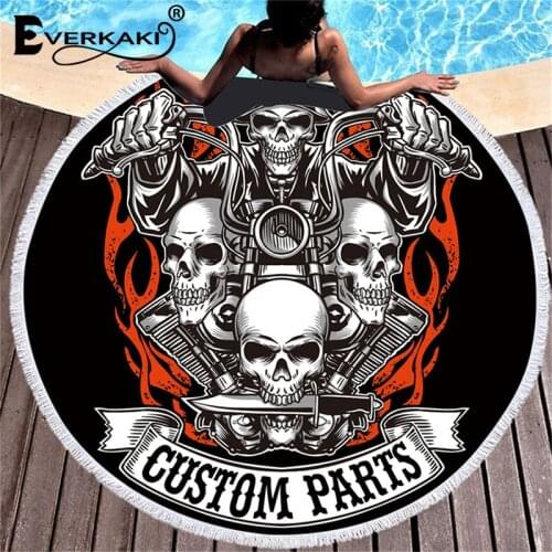 Everkaki Boho Skull Motor Retro Print Round Beach Towel Tassels Microfiber Thick Soft Floor Mat Hydrophilic Beach Towels 2021